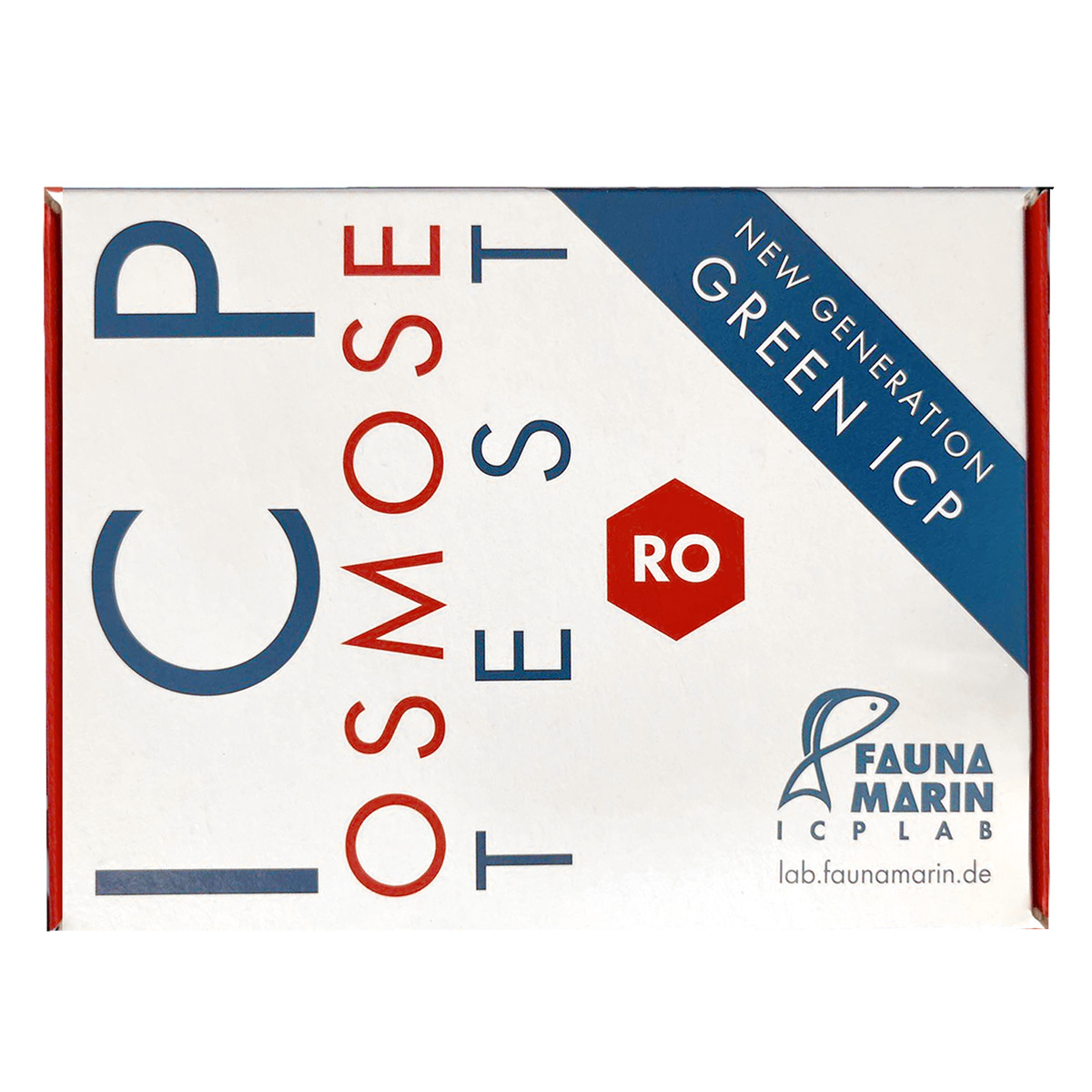 Das Bild zeigt die Verpackung des Produkts „ICP Osmose Test RO“ von der Marke Fauna Marin. Es handelt sich um einen Wassertest für Aquarienbesitzer, der speziell für Osmosewasser entwickelt wurde. Auf der Verpackung steht „New Generation Green ICP“, was a