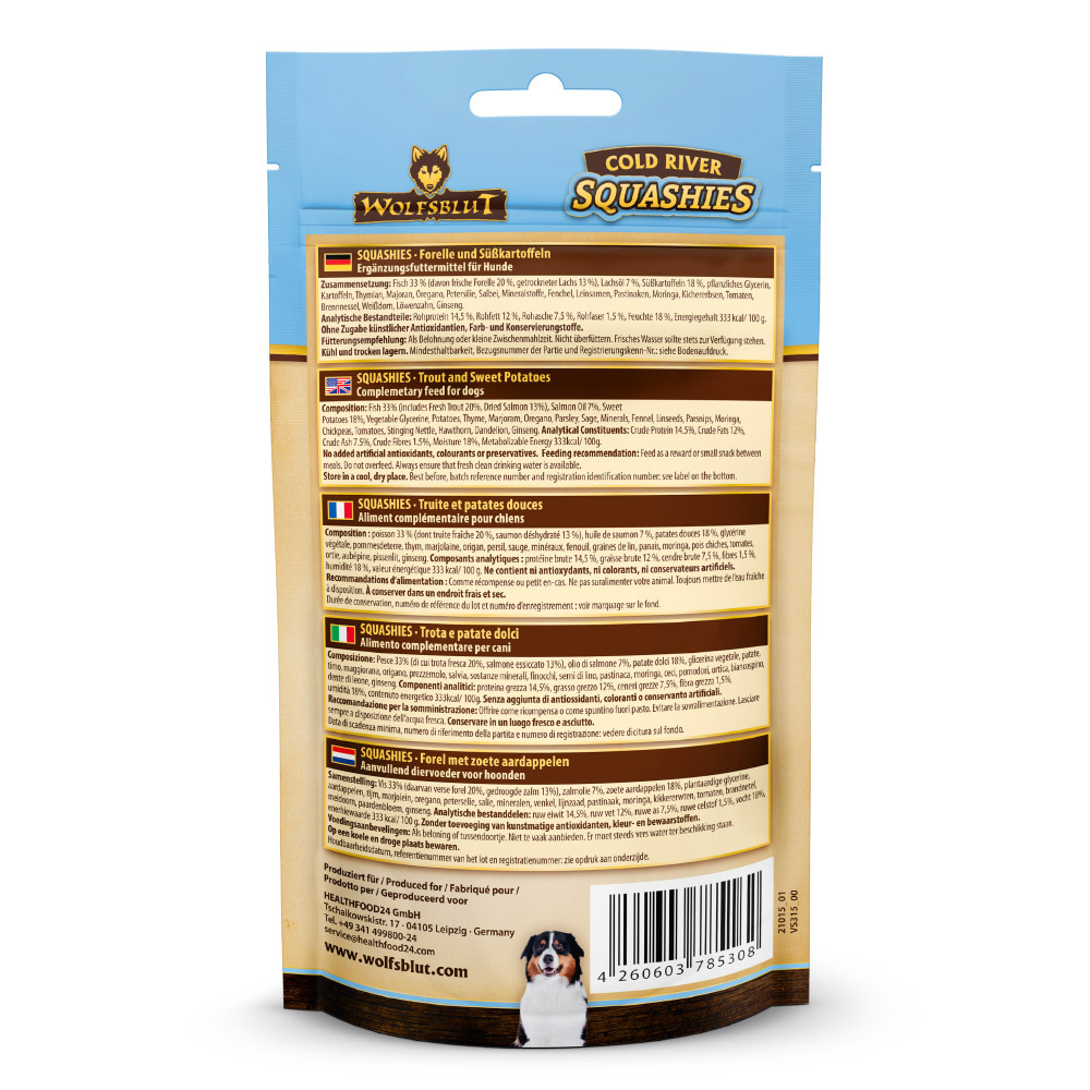 Wolfsblut Cold River Squashies, Ergänzungsfutter f. Hunde, Forelle & Süßkartoffeln, 225 g, mit Infos zu Inhaltsstoffen & Fütterung.