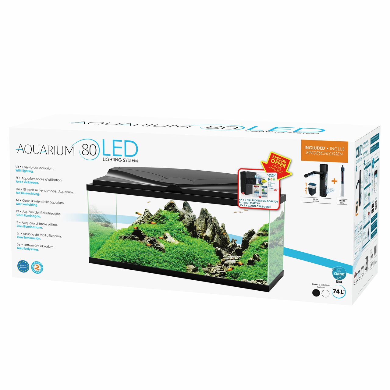 Aquarium Ciano 80 LED für Fische, einfache Nutzung, Beleuchtungssystem, 74 Liter, Zubehör enthalten, für Fischliebhaber.