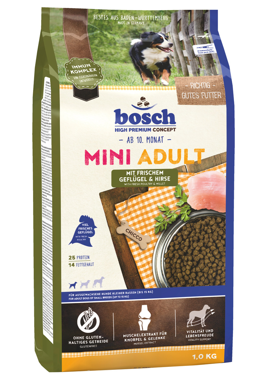 bosch High Premium Concept Mini Adult, 1 kg, für kl. Hunde ab 10. Monat, Geflügel+Hirse, glutenfrei, 25 % Protein, Gelenk+Vitalitäts-Support.