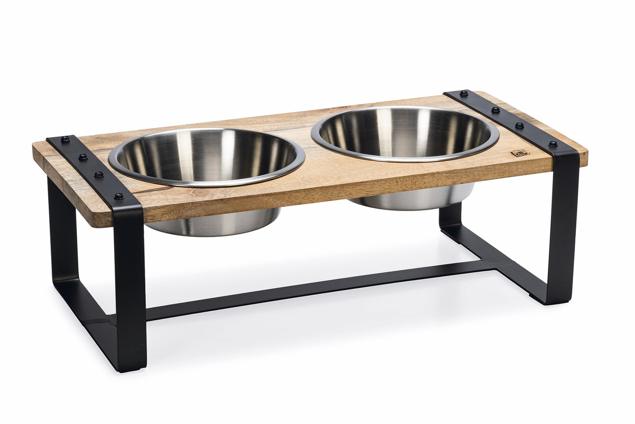 „Designed by Lotte“ Futterstation für Hunde & Katzen, Holzgestell, Metallrahmen, 2 Edelstahlnäpfe, stilvoll & praktisch.