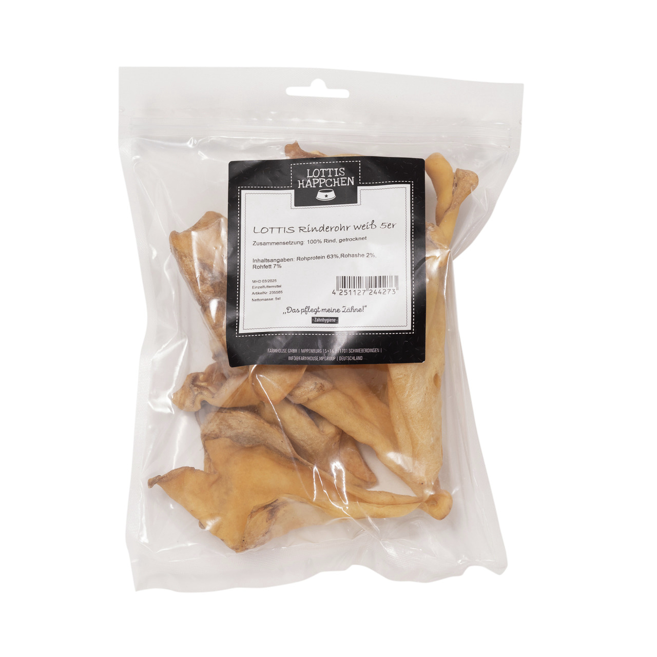 Das Bild zeigt eine transparente Verpackung mit der Aufschrift „LOTTIS Häppchen Rinderohren weiß 5er“. Die Marke ist LOTTIS HÄPPCHEN, das Produkt richtet sich an Hunde. Es handelt sich um getrocknete Rinderohren, die zu 100 % aus Rind bestehen. Die Packun