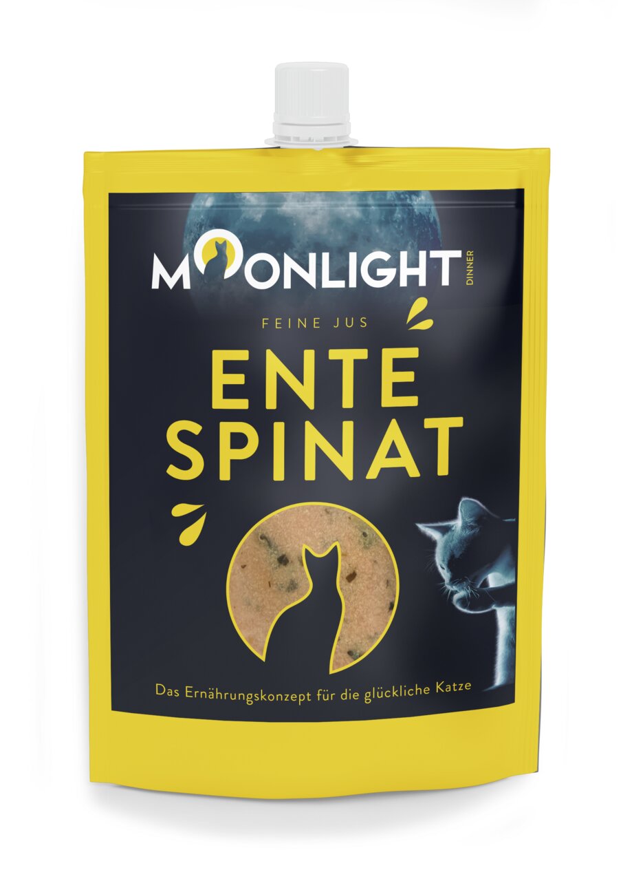 Moonlight-Dinner Feine Jus Ente & Spinat für Katzen. Hochwertig, schmackhaft, 85 g. Für eine glückliche Katze.