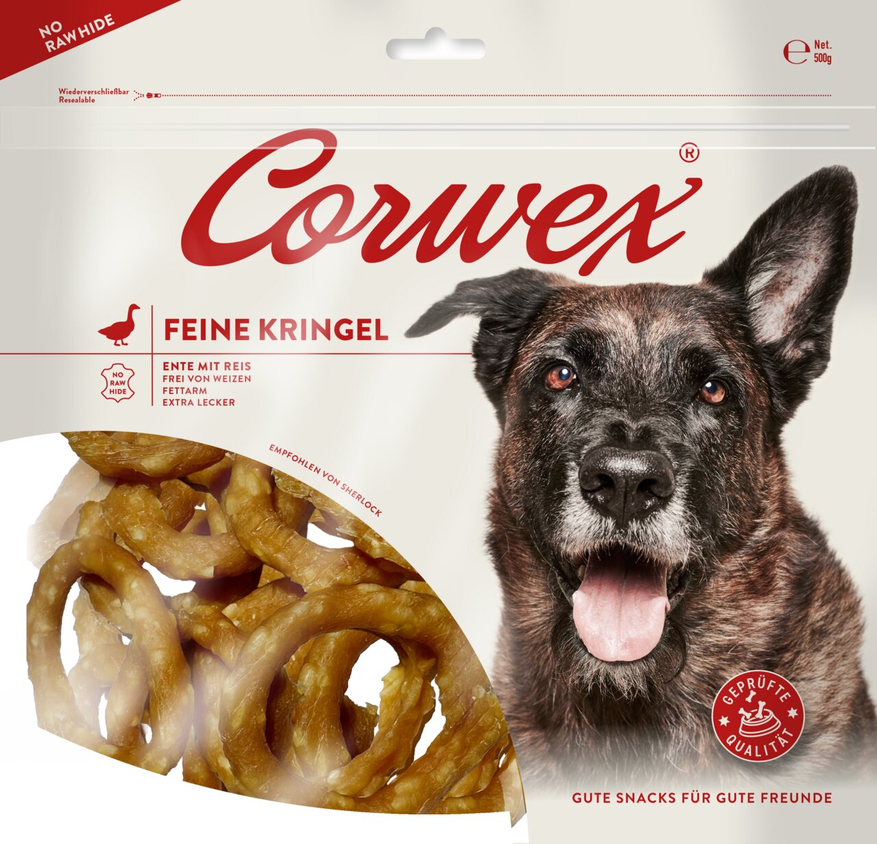 Corwex Feine Kringel, Hundesnack, Ente mit Reis, fettarm, weizenfrei, 500 g, "Gute Snacks für gute Freunde", Extra lecker.