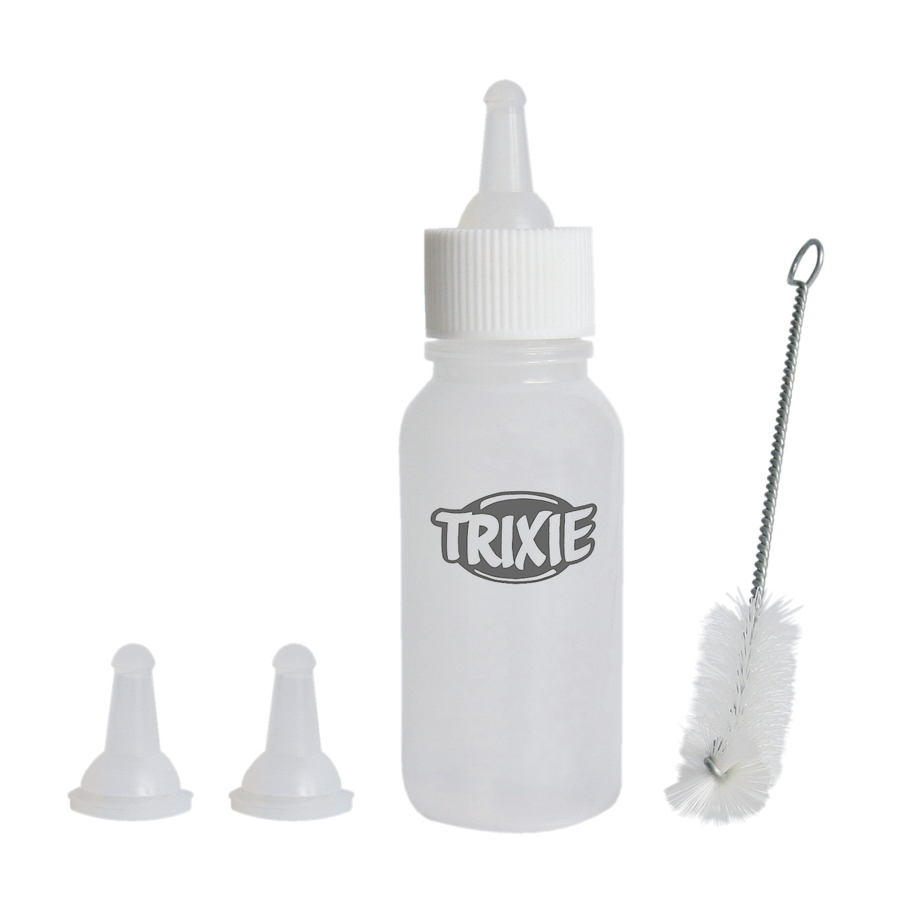 Das Bild zeigt das TRIXIE Handaufzucht-Set, bestehend aus einer transparenten Flasche mit einem Fassungsvermögen von 57 ml, zwei austauschbaren Saugern und einer Reinigungsbürste. Es ist speziell für die Handaufzucht von Jungtieren wie Welpen, Kätzchen od