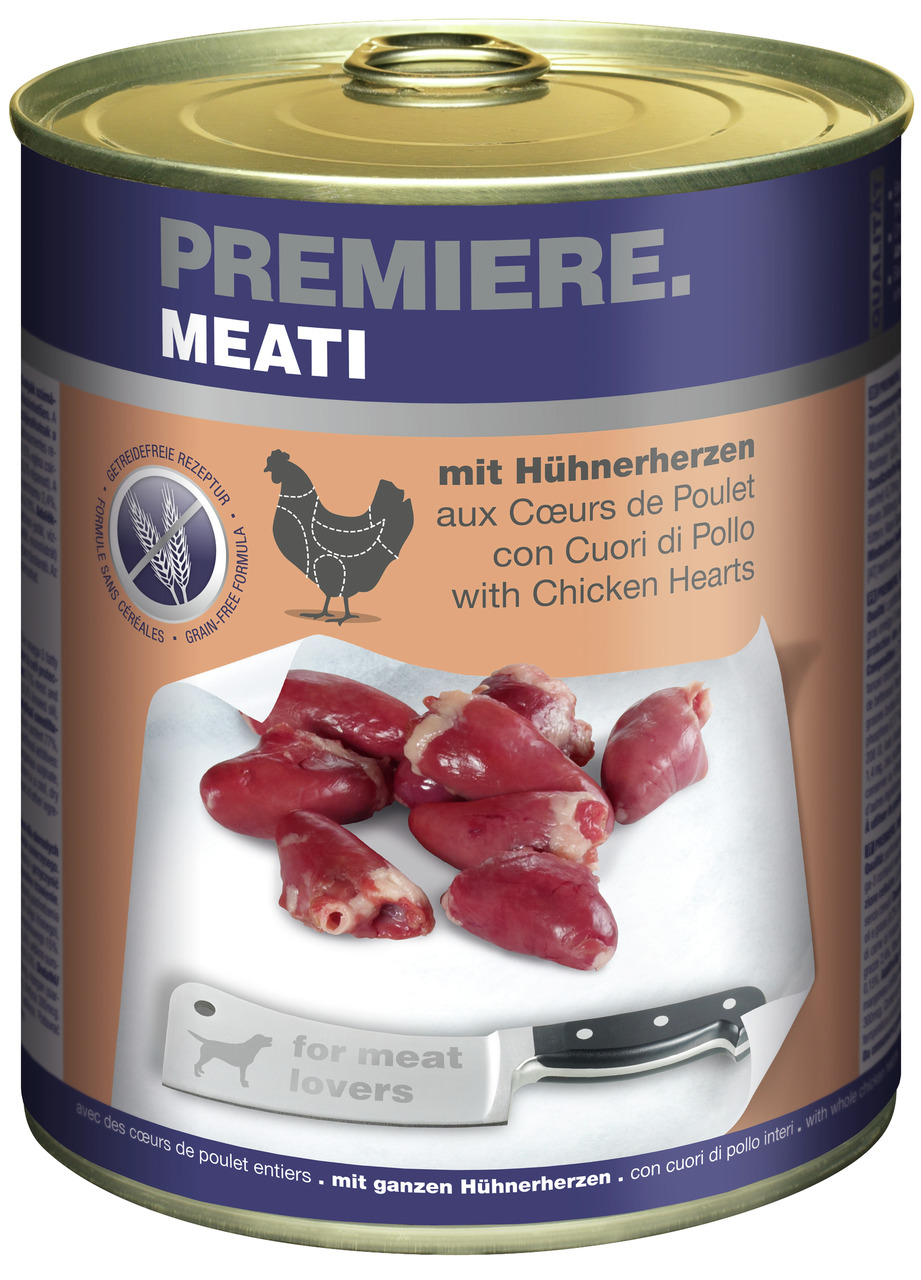 PREMIERE MEATI Hundefutter, ganze Hühnerherzen, getreidefrei, 400 g, für Hunde.