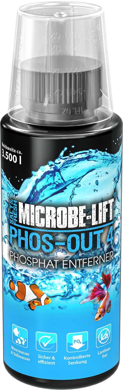 Das Bild zeigt eine Flasche des Produkts "MICROBE-LIFT PHOS-OUT 4", einem Phosphatentferner für Aquarien. Die Marke MICROBE-LIFT richtet sich an Aquarienbesitzer mit Meer- oder Süßwasseraquarien. Die Flasche hat eine Reichweite von ca. 3.500 Litern. Das P