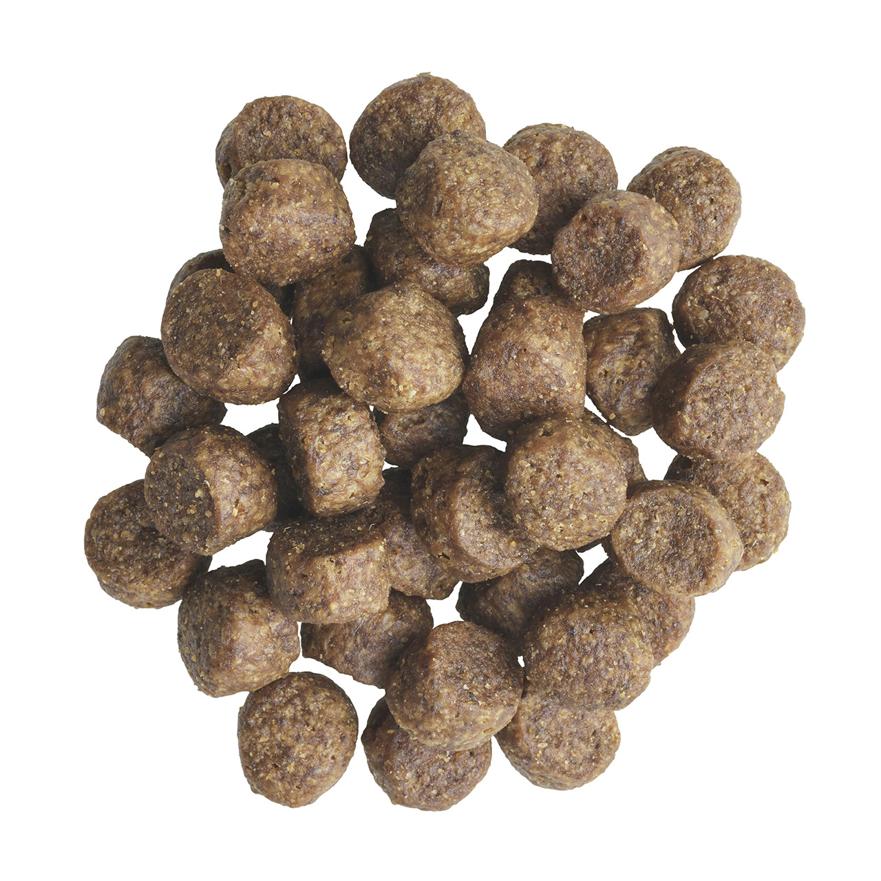 Das Bild zeigt TIKAANI Trockenfutter für Hunde, speziell entwickelt für ausgewachsene Tiere. Die runden, braunen Kroketten sind gleichmäßig geformt und bieten eine ausgewogene Ernährung. Geschmacksrichtung: Rentier. Verpackungsgröße: 12 kg (nicht im Bild 