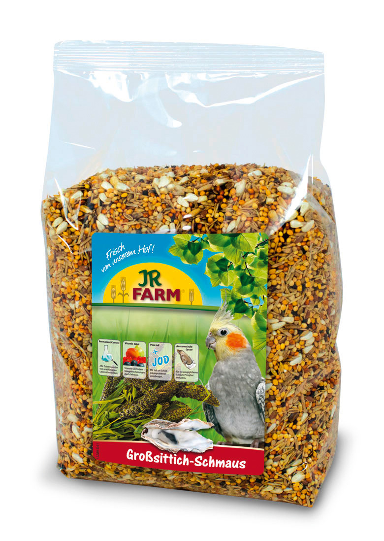 JR FARM Großsittich-Schmaus, 1 kg, Futtermischung für Großsittiche mit Saaten, Kräutern, Jod & Vitaminen, hochwertige Qualität.
