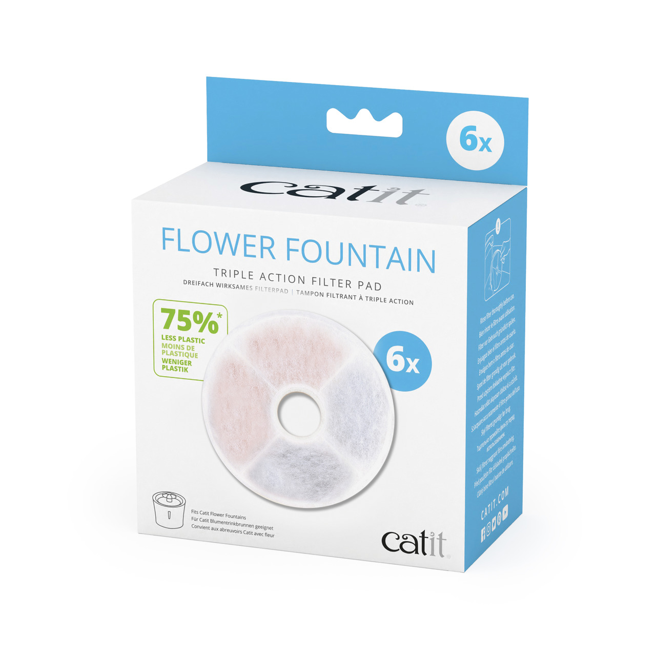 Das Bild zeigt die Verpackung des Produkts „Catit Flower Fountain Triple Action Filter Pad“. Es handelt sich um ein Set von 6 Ersatzfiltern für den Catit-Blumenbrunnen, geeignet für Katzen. Die Filter reduzieren Plastik um 75 % und bieten eine dreifache F