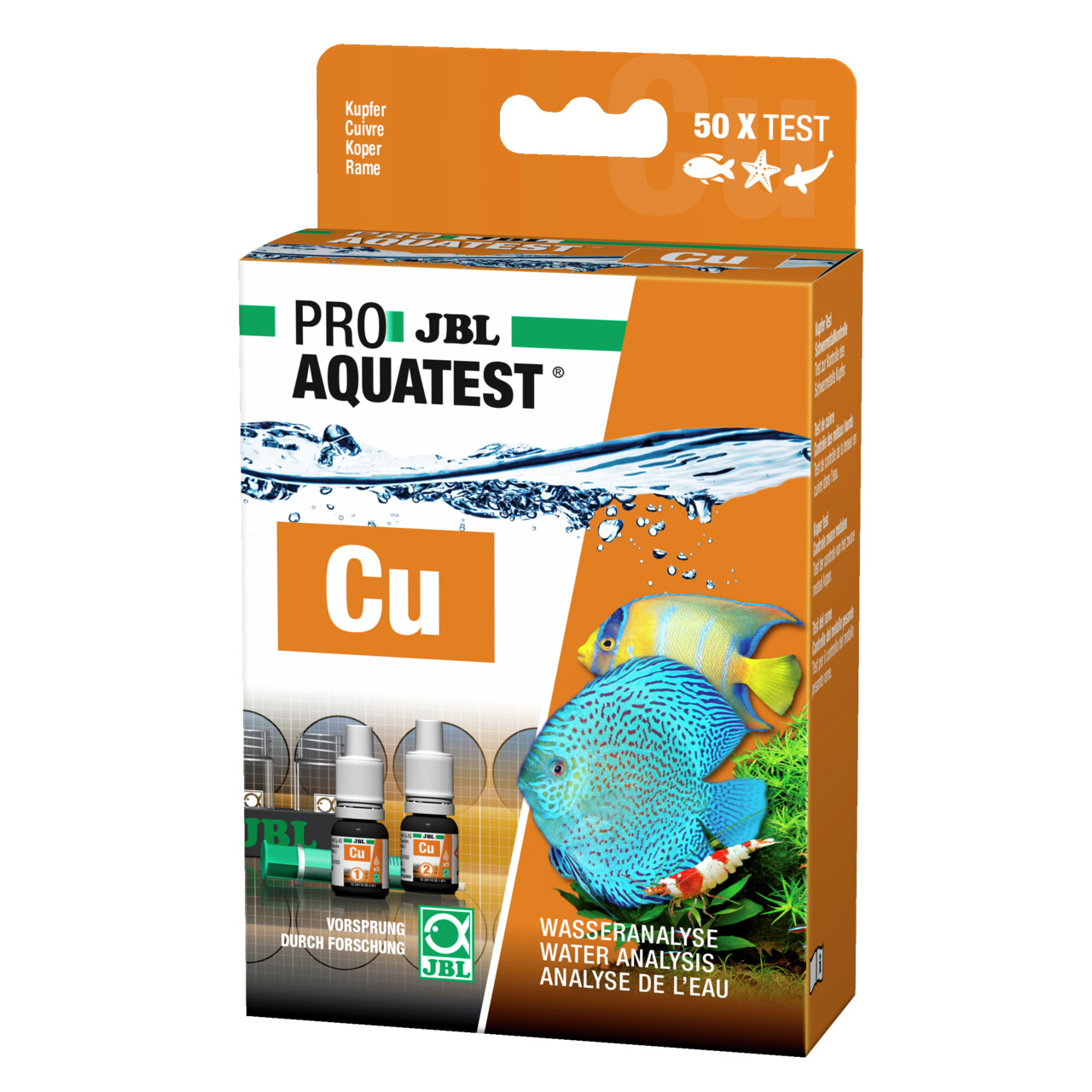 JBL ProAquaTest Cu, Kupfertest f. Aquarienbesitzer, 50 Tests, präzise Wasseranalyse, orange Verpackung m. 2 Fischen & Testfläschchen.