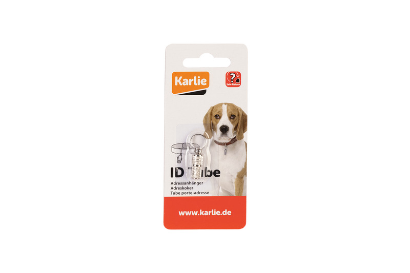 Karlie ID-Tube Adressanhänger für Hunde, silbern, zur sicheren Adressaufbewahrung am Halsband. Zielgruppe: Hundebesitzer.