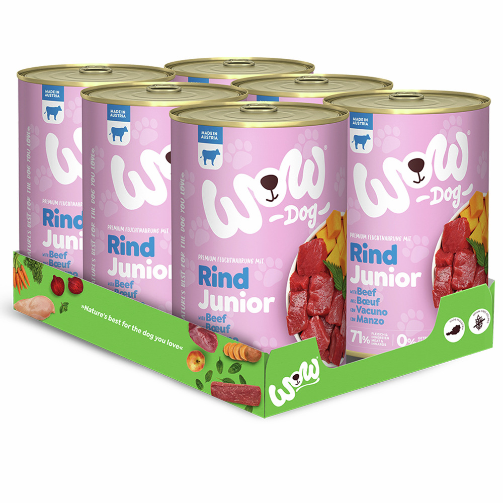 Das Bild zeigt eine Verpackungseinheit mit sechs Dosen des Hundefutters „WOW DOG Rind Junior“. Dieses Premium-Feuchtfutter ist speziell für junge Hunde entwickelt und enthält Rindfleisch als Hauptzutat. Die Geschmacksrichtung ist Rind, und die Verpackung 