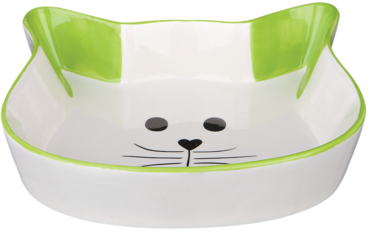 Keramik-Futternapf von TRIXIE in Katzenform, ideal für Katzen. Der Napf ist weiß mit grünen Akzenten und hat ein niedliches Katzengesicht-Design. Perfekt für Trocken- oder Nassfutter. Fassungsvermögen: ca. 250 ml. Robustes Material, leicht zu reinigen. EA