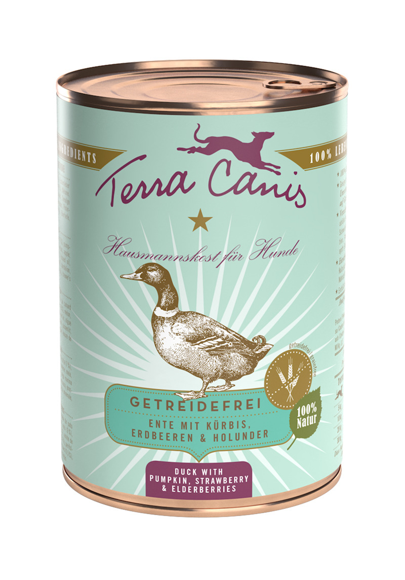 Terra Canis Hausmannskost Nassfutter, Hunde, Ente-Kürbis-Erdbeeren-Holunder, 400 g, getreidefrei, 100 % natürliche Zutaten.