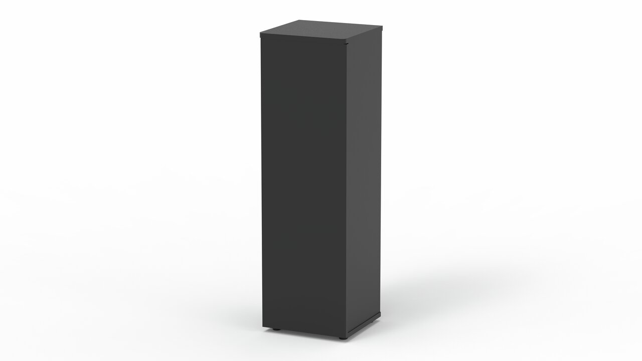 Schwarzer, hoher Badschrank von meblearz, schlichtes Design mit glatter Front, platzsparend und modern für Badmöbel.