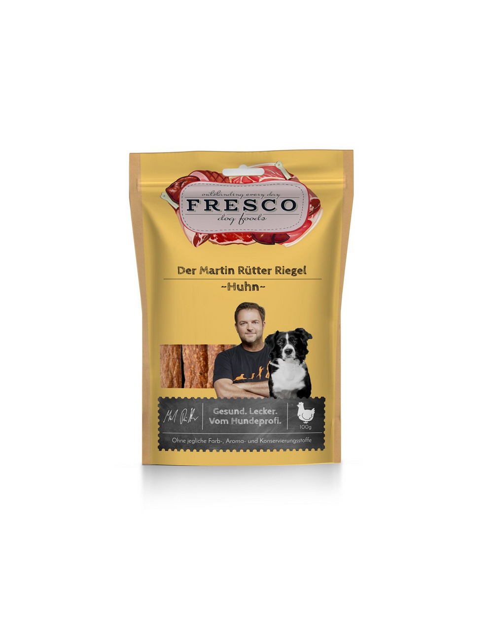 Fresco Der Martin Rütter Riegel - Huhn, Hundesnack, Huhn-Geschmack, „Gesund. Lecker. Vom Hundeprofi.“, 100 g, ohne Farb--Aromastoffe.