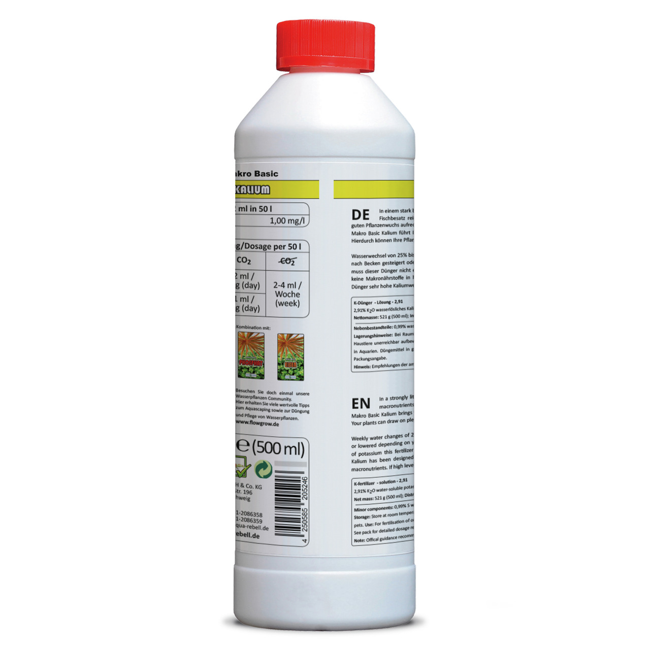 Das Bild zeigt eine weiße Flasche mit rotem Schraubverschluss der Marke Aqua Rebell. Es handelt sich um das Produkt "Makro Basic Kalium", ein Flüssigdünger für Aquarienpflanzen. Die Flasche enthält 500 ml. Auf dem Etikett sind Dosierungshinweise und Produ