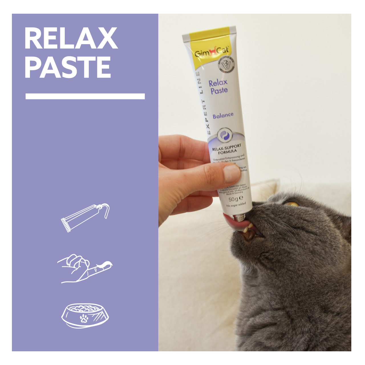 GimCat Relax Paste Balance, 50 g, für Katzen, mit Relax-Support-Formel, zuckerfrei, fördert Wohlbefinden.