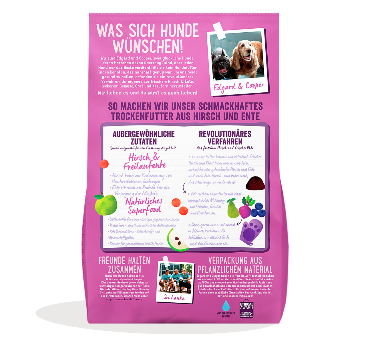 Das Bild zeigt eine rosafarbene Verpackung des Hundefutters „Edgard & Cooper Trockenfutter aus Hirsch und Ente“. Zielgruppe sind Hunde. Die Geschmacksrichtung ist Hirsch und Ente, ergänzt durch Superfoods wie Gemüse, Obst und Kräuter. Die Verpackung beste