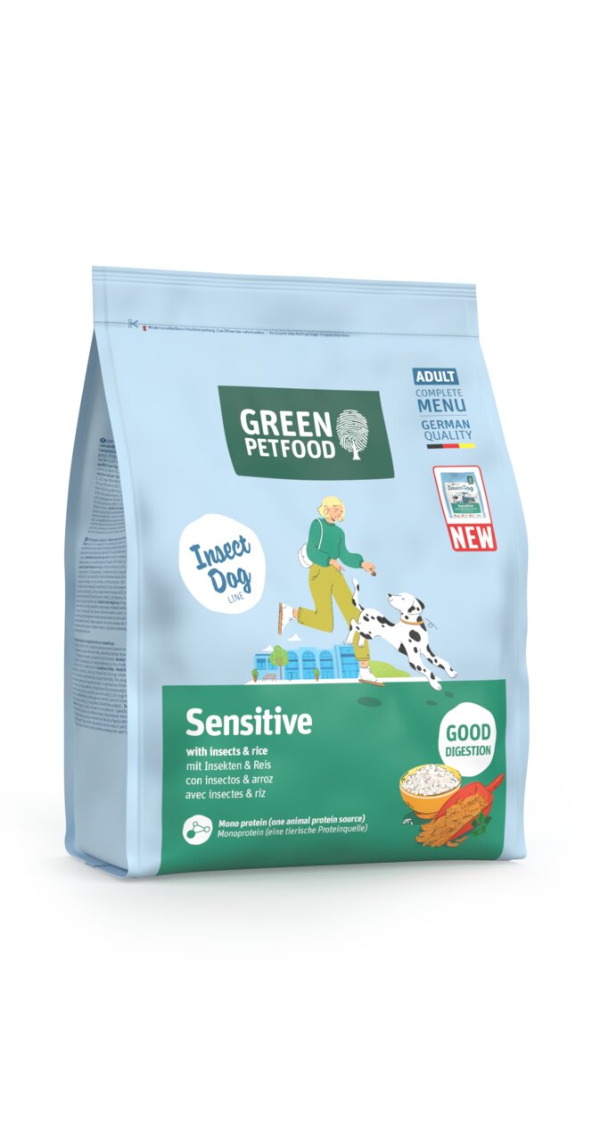 Green Petfood Sensitive Trockenfutter für erwachsene Hunde, Insekten & Reis, gute Verdauung, Monoprotein, 10 kg Beutel.