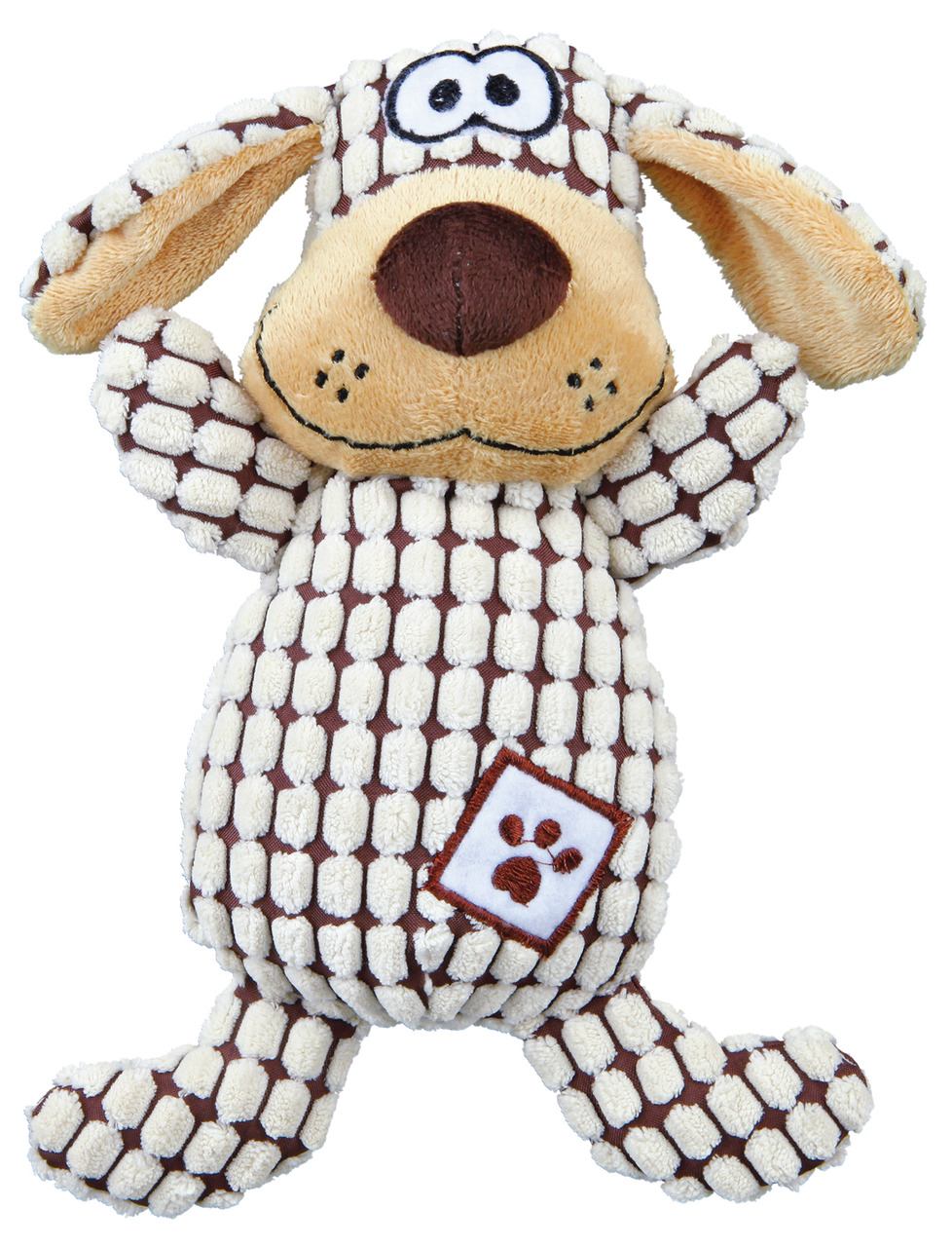 Das Bild zeigt das Hundespielzeug „TRIXIE Hundespielzeug Plüsch Hund“ für Hunde. Es ist ein weiches Plüschtier in Form eines Hundes mit braun-weißem Karomuster, großen Augen und langen Ohren. Das Spielzeug ist ideal für Hunde aller Größen und fördert Spie