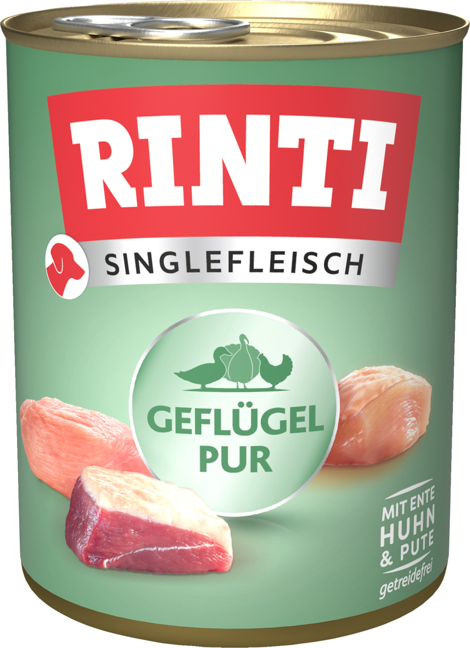 RINTI Singlefleisch Geflügel Pur für Hunde, getreidefrei, Geschmacksrichtung Geflügel (Ente, Huhn, Pute), hochwertiges Fleisch.