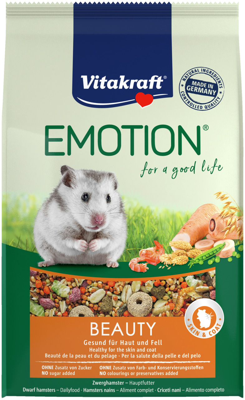 Vitakraft Emotion Beauty, Hauptfutter f. Zwerghamster, Haut+Fell, Körner-Gemüse-Kräuter, ohne Zucker-Farbstoffe, 600g, Made in Germany