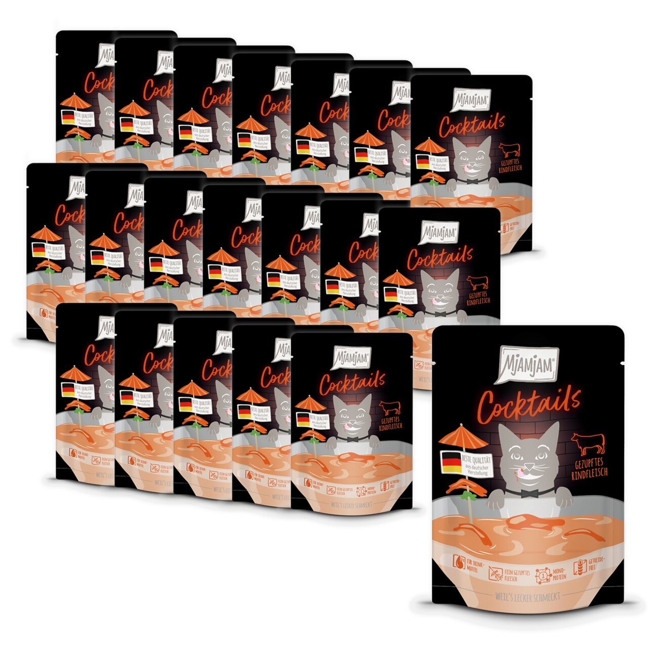 MJAMJAM Cocktails Katzenfutter, erwachsene Katzen, geprüftes Rindfleisch, Zutaten in Lebensmittelqualität, 85 g Nassfutter.
