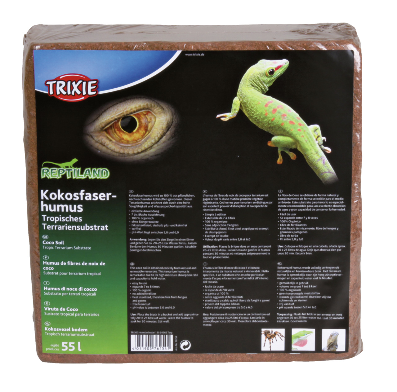 TRIXIE Reptiland Kokosfaserhumus, 55 L, für Reptilien, Amphibien & Wirbellose, 100 % pflanzl., ohne chem. Zusätze, trop. Terrariensubstrat.