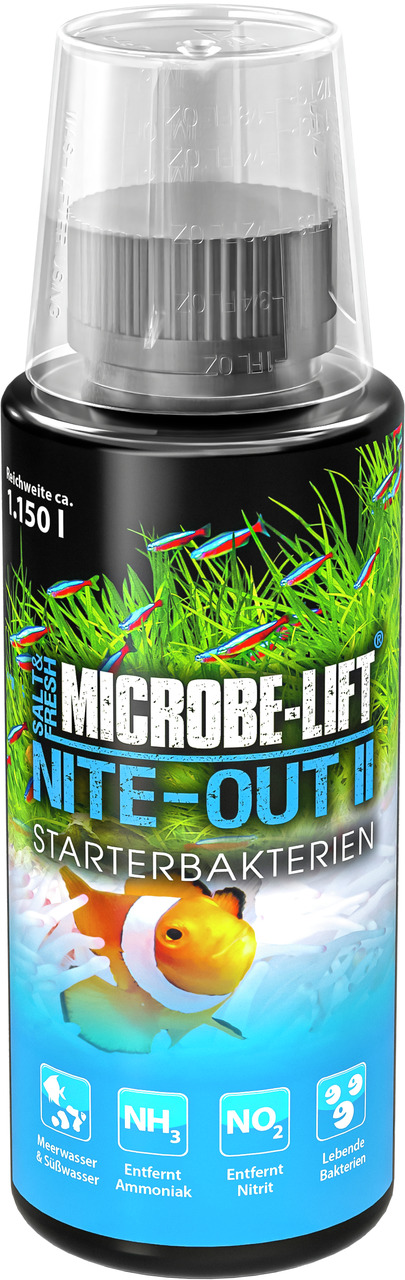 MICROBE-LIFT Nite-Out II Starterbakterien, für Meer--Süßwasser-Aquarien, 1.150 ml, entfernt Ammoniak-Nitrit, mit lebenden Bakterien.