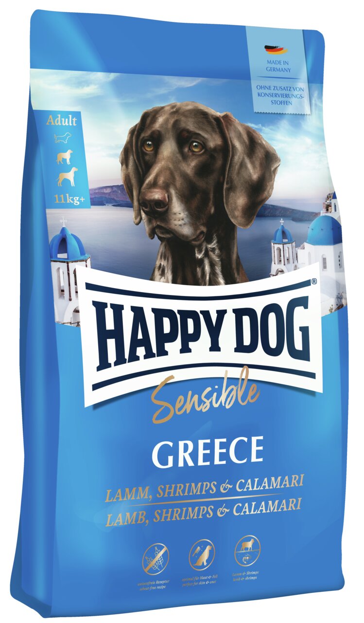 HAPPY DOG Sensible Greece, Hundefutter für Hunde ab 11 kg, Lamm, Shrimps & Calamari, 100% Made in Germany, ohne Konservierungsstoffe.