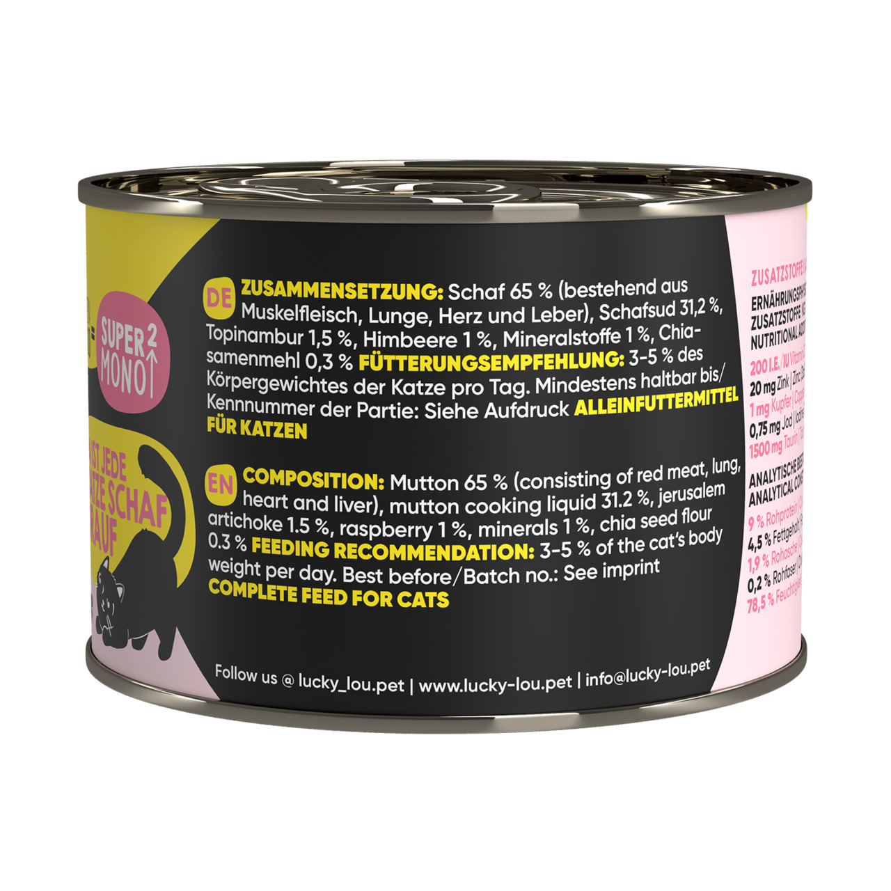 Lucky Lou Katzenfutter Schaf, Alleinfutter, 65 % Schaf, 31,2 % Schafsud, mit Topinambur, Himbeere, Chiasamen, 3–5 % KG-Tag.