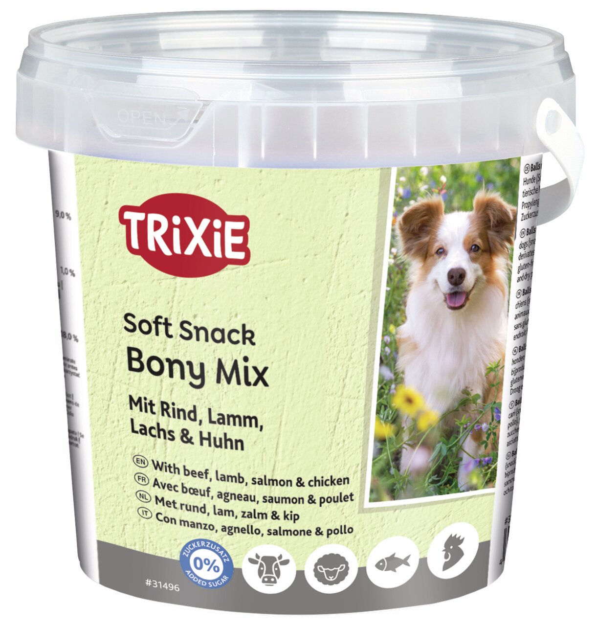 TRIXIE Soft Snack Bony Mix für Hunde, Geschmacksr. Rind, Lamm, Lachs, Huhn, 140 g, ohne Zuckerzusatz.