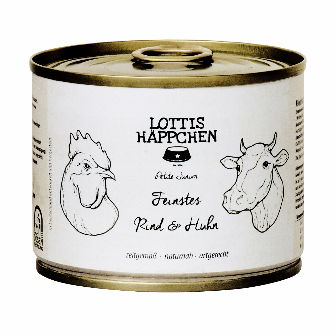 Eine goldene Dose des Tierfutterprodukts „Lottis Häppchen – Feinste Rind & Huhn“ für Hunde. Die Marke betont natürliche, artgerechte Zutaten. Auf der Vorderseite sind Illustrationen eines Huhns und einer Kuh abgebildet. Die Menge ist nicht erkennbar. EAN: