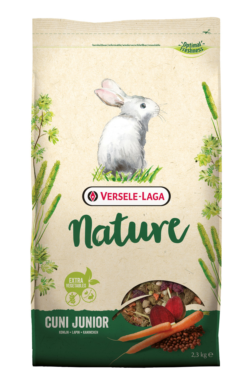 Versele-Laga Nature Cuni Junior: Futter f. junge Kaninchen, 2,3 kg, mit Karotten & Rote Beete, wiederverschließbar, natürliche Zutaten.