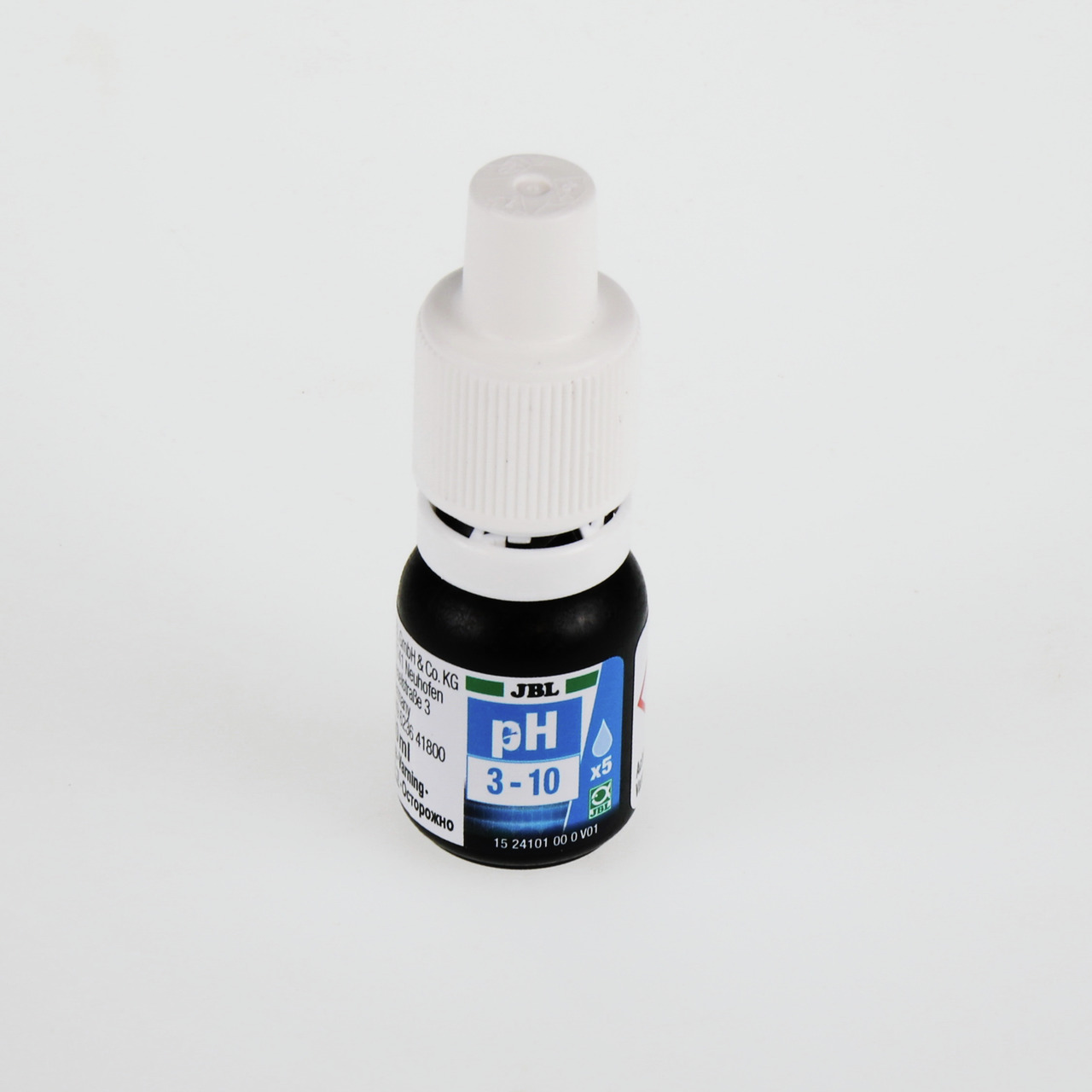 JBL pH-Test 3-10, für Aquarienbesitzer, misst pH-Wert (3-10), inkl. 5 Tests, kompakte schwarze Flasche mit weißem Verschluss.