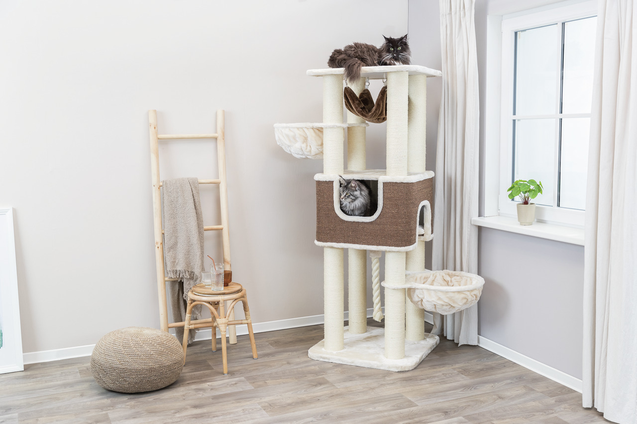 TRIXIE Kratzbaum XXL, Katzen, beige-braun, für große-schwere Rassen, mit Liegeflächen, Höhlen, Hängematten, ideal für Spiel & Ruhe.