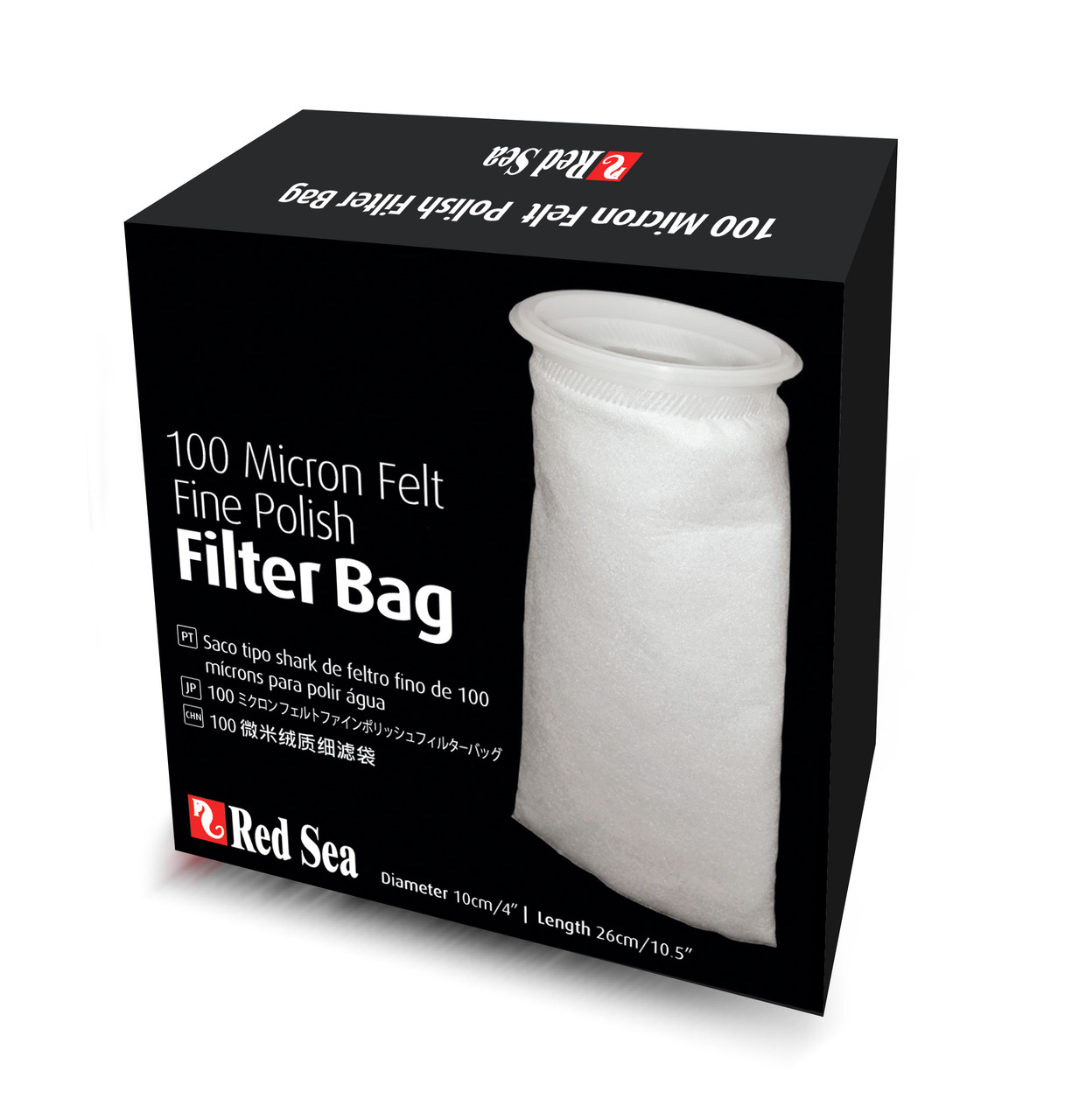 Das Bild zeigt einen schwarzen Karton mit der Aufschrift „Red Sea 100 Micron Felt Fine Polish Filter Bag“. Der Karton enthält einen weißen Filterschlauch, der für die Feinfilterung in Aquarien geeignet ist. Die Maße des Filters sind 10 cm Durchmesser und 