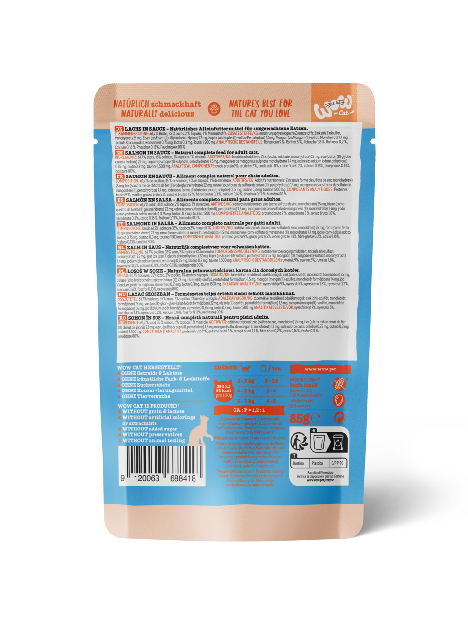 WOW CAT Lachs in Sauce, Alleinfutter f. erw. Katzen, 85 g, ohne Getreide, Laktose, Farbstoffe, Zucker, Konservierung, Tierversuche.