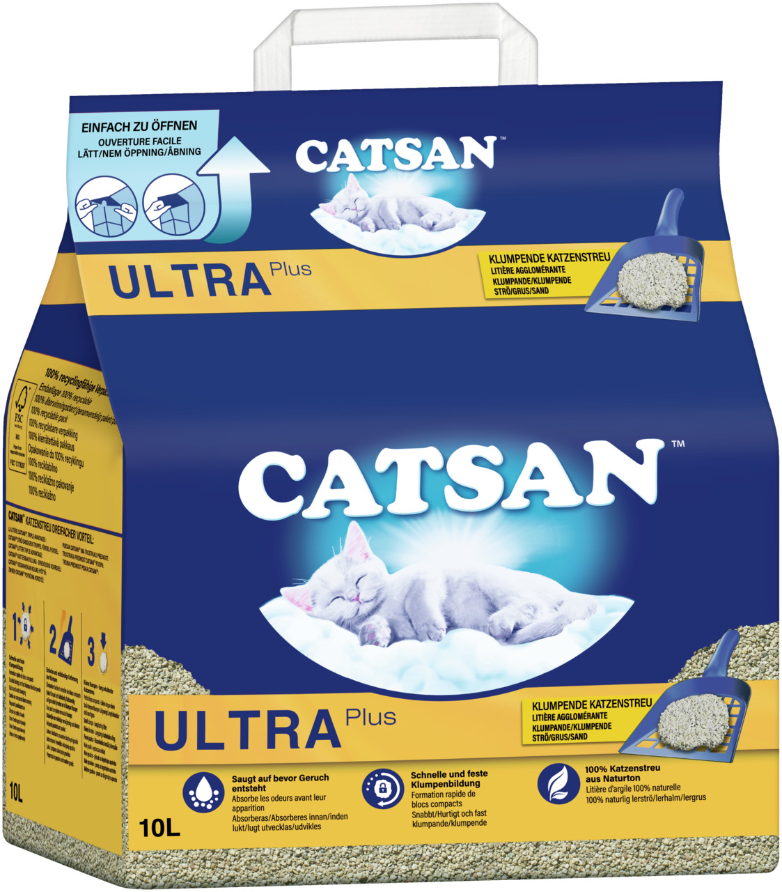 Catsan Ultra Plus Klumpende Katzenstreu, 10L, für Katzen, klumpt schnell, absorbiert Gerüche, 100 % natürlich, Reinheit & Komfort.