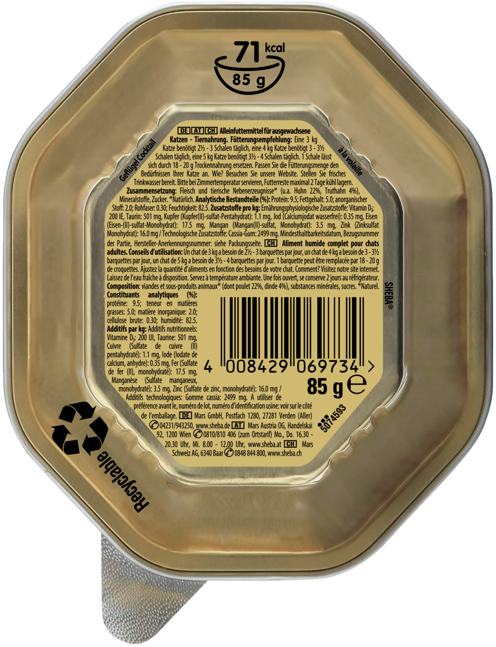 Sheba Delikatesse in Gelee, Huhn, für ausgewachsene Katzen, 85 g, 71 kcal-Portion, recycelbar, mit Infos zu Inhalt & Fütterung.