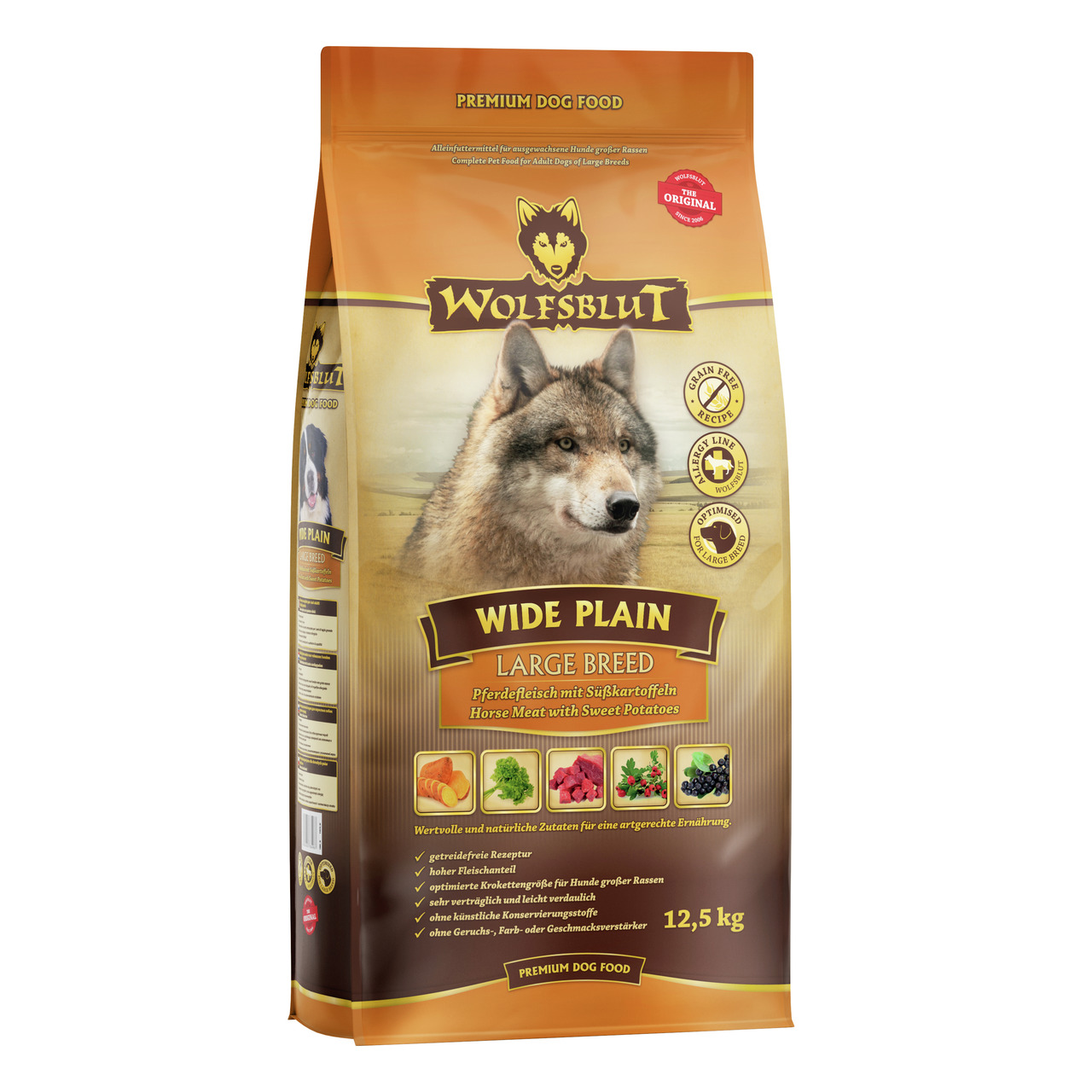 WOLFSBLUT Wide Plain Large Breed Pferdefleisch mit Süßkartoffeln 12,5kg Hundetrockenfutter