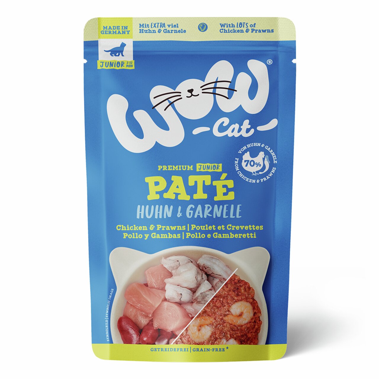 WOW CAT Premium Junior Paté Huhn & Garnele, für junge Katzen (2-12 Mon.), 70 % Fleisch, getreidefrei, 85 g.
