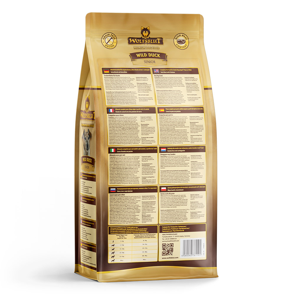 Wolfsblut Wild Duck Senior, getreidefreies Premium-Trockenfutter für ältere Hunde, Geschmacksrichtung Ente, 12 kg.