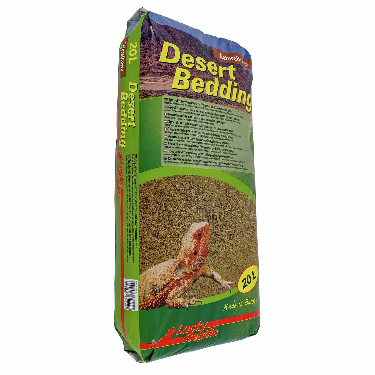 Lucky Reptile Desert Bedding, 20L, Terrariensubstrat für Wüsten--Savannentiere, mit Bartagame-Bild, „Made in Europe“.