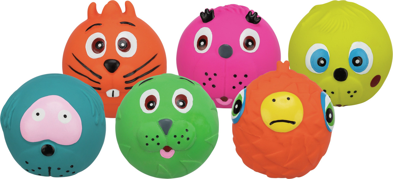 6 bunte Latex-Spielbälle TRIXIE für Hunde, Tiergesichter (Katze, Hund, Vogel, Robbe), robust, leicht, fördern Aktivität, versch. Farben.