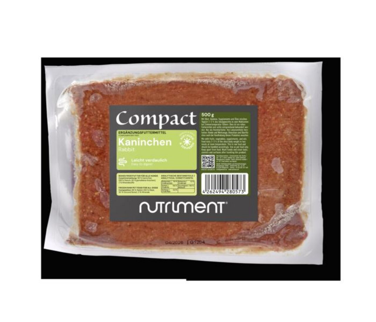 Nutriment Compact Kaninchen, 500 g, für Hunde, leicht verdaulich, natürliche Zutaten, gefrorenes Ergänzungsfuttermittel.