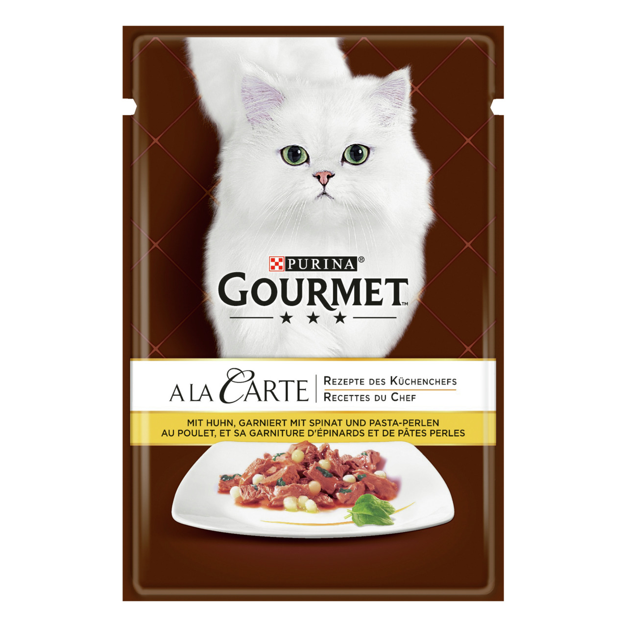Purina Gourmet A la Carte Nassfutter, Huhn mit Spinat & Pasta, für ausgewachsene Katzen, Premium-Qualität, 85g.
