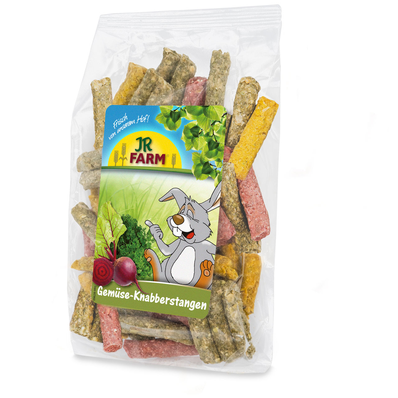 JR FARM Gemüse-Knabberstangen, für Kleintiere (Kaninchen-Nager), Gemüsemix (grün-gelb-rot), 150 g, mit fröhlichem Hasen auf der Packung.